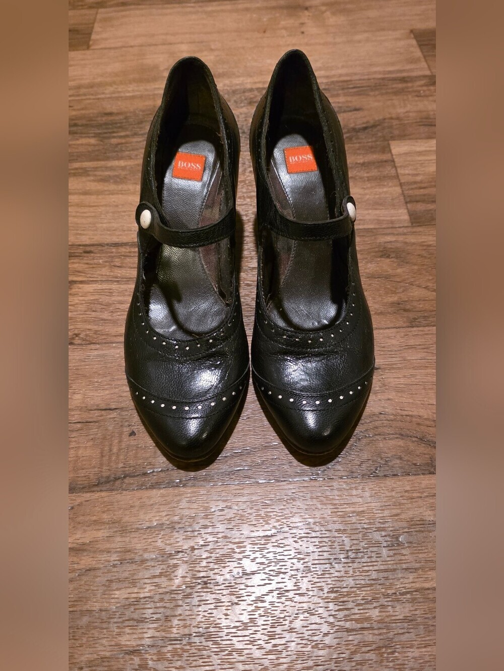 BOSS Black Leather Mary Jane Pointed Toe Pumps with Stud Detail